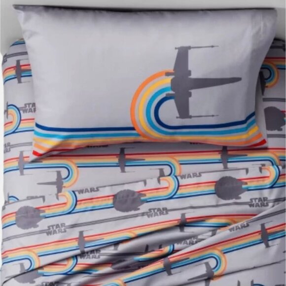 Star Wars Full Size Sheet Set Millennium Falcon TIE Fighter Rainbow Retro Print - Picture 1 of 8